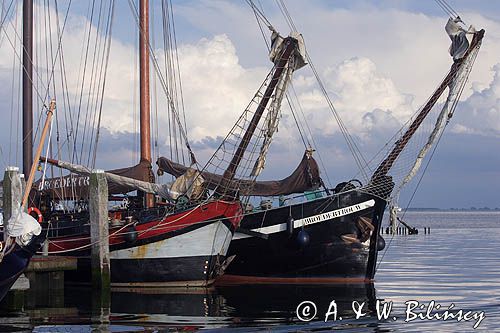 barki holenderskie w porcie jachtowym w Nes, Wyspa Ameland, Wyspy Fryzyjskie, Holandia, Waddensee