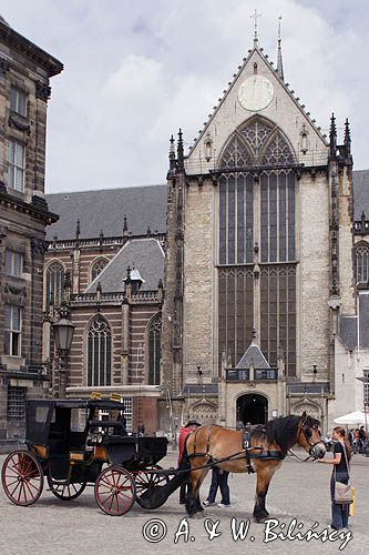 dorożka w centrum na Dam Amsterdam, Nieuwe kerk Amsterdam, Holandia