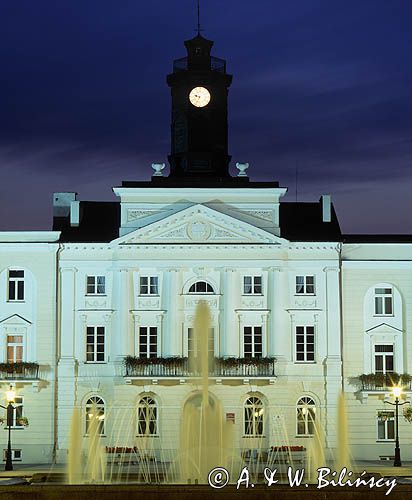 Płock, ratusz i fontanna nocą