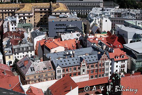 Ryga, panorama miasta z wieży kościoła św. Piotra, Stare Miasto, Łotwa