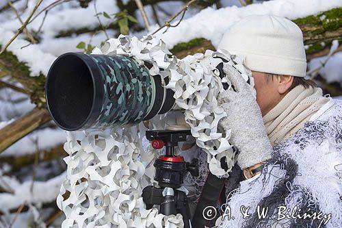 Fotograf przyrody, maskowanie, Canon 400 mm, Uniqball UBH45XC plus X-Cross Clamp, głowica do statywu fotograficznego