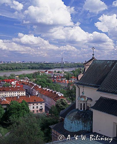 Warszawa panorama sfotografona z wieży przy kosciele św. Anny. Widok na Mariensztat, Wisłę i most Świętokrzyski