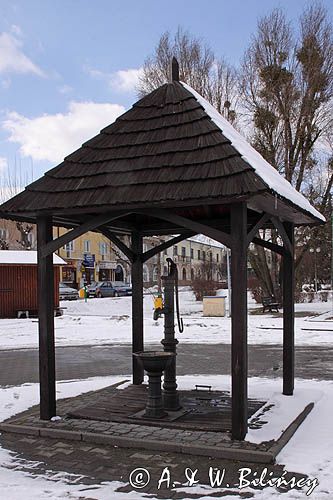 Zwoleń, drewniana studnia na placu Jana Kochanowskiego, Miasto Jana Kochanowskiego